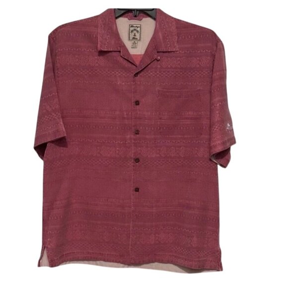 Montego Mon Mens Medium Red Jacquard Silk Button-Up Shirt Embroidered Treetops L - Picture 2 of 9